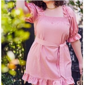 Eloquii Pink Square Neck Ruffled Smocked Front Linen Mini Day Dress